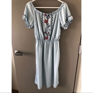 Light chambray embroidered off the shoulder dress
